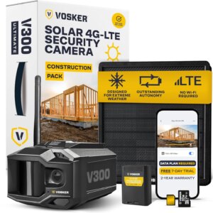Vosker Outdoor Security Camera With External Solar Panel, 4G LTE, Black, Single Unit With Battery – V300 Ultimate Construction Pack