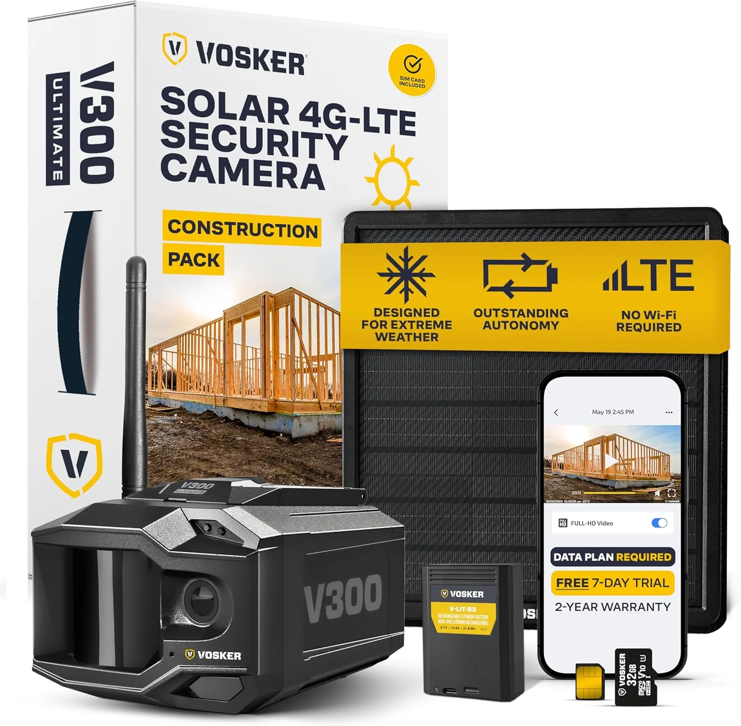 Vosker Outdoor Security Camera With External Solar Panel, 4G LTE, Black, Single Unit With Battery – V300 Ultimate Construction Pack