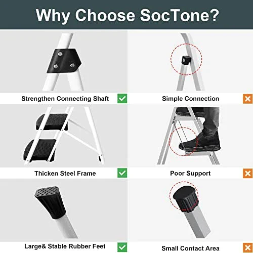 SocTone 3 Step Folding Step Ladder With Handle – 500 lb Capacity