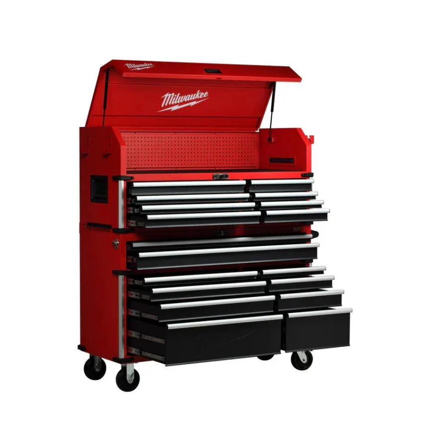 Milwaukee High Capacity 56 in 18-Drawer Steel Tool Chest And Cabinet Combo – Red And Black