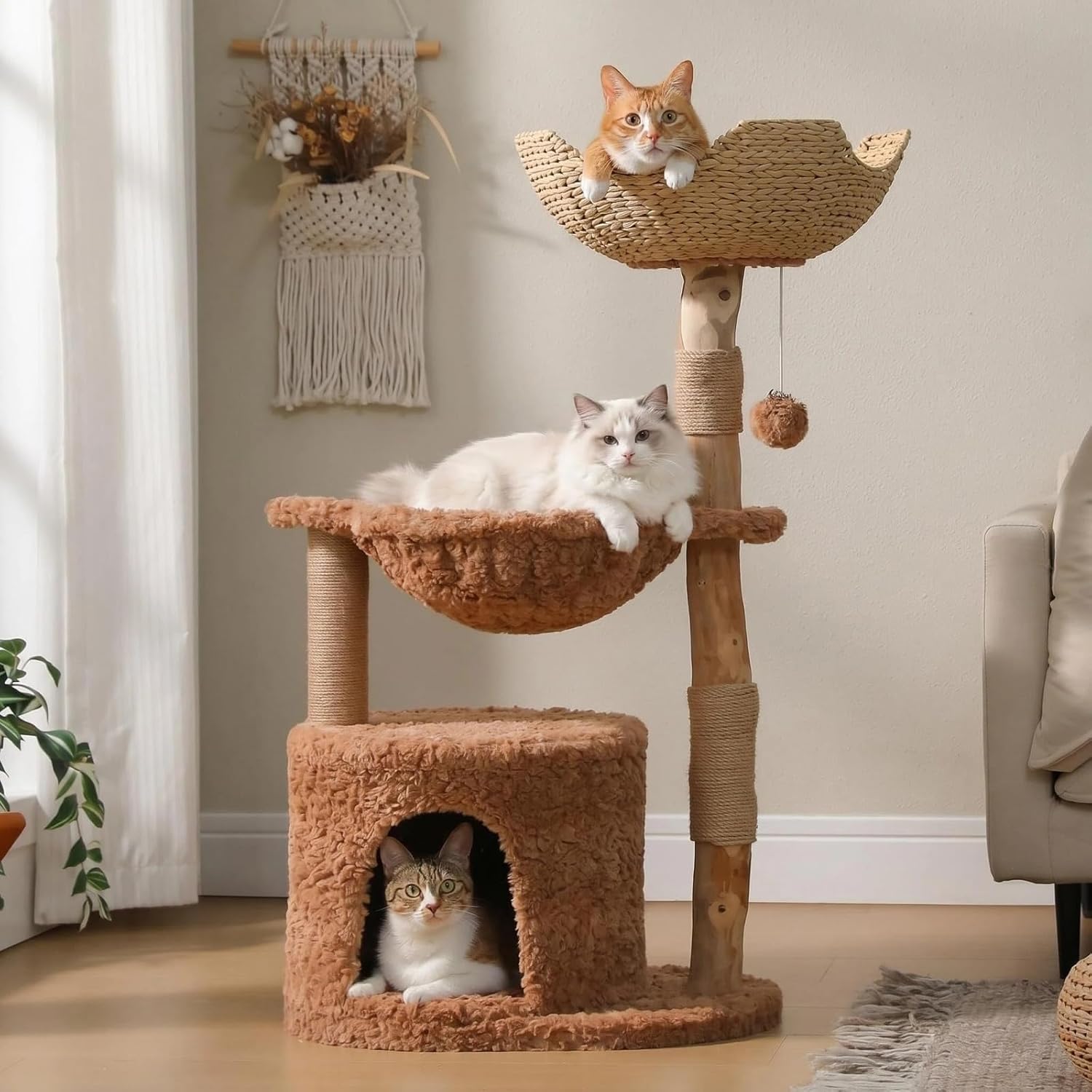 PAWZ Road 59″ Modern Cat Tree, Natural Wood Cat Tower for Large Cats White