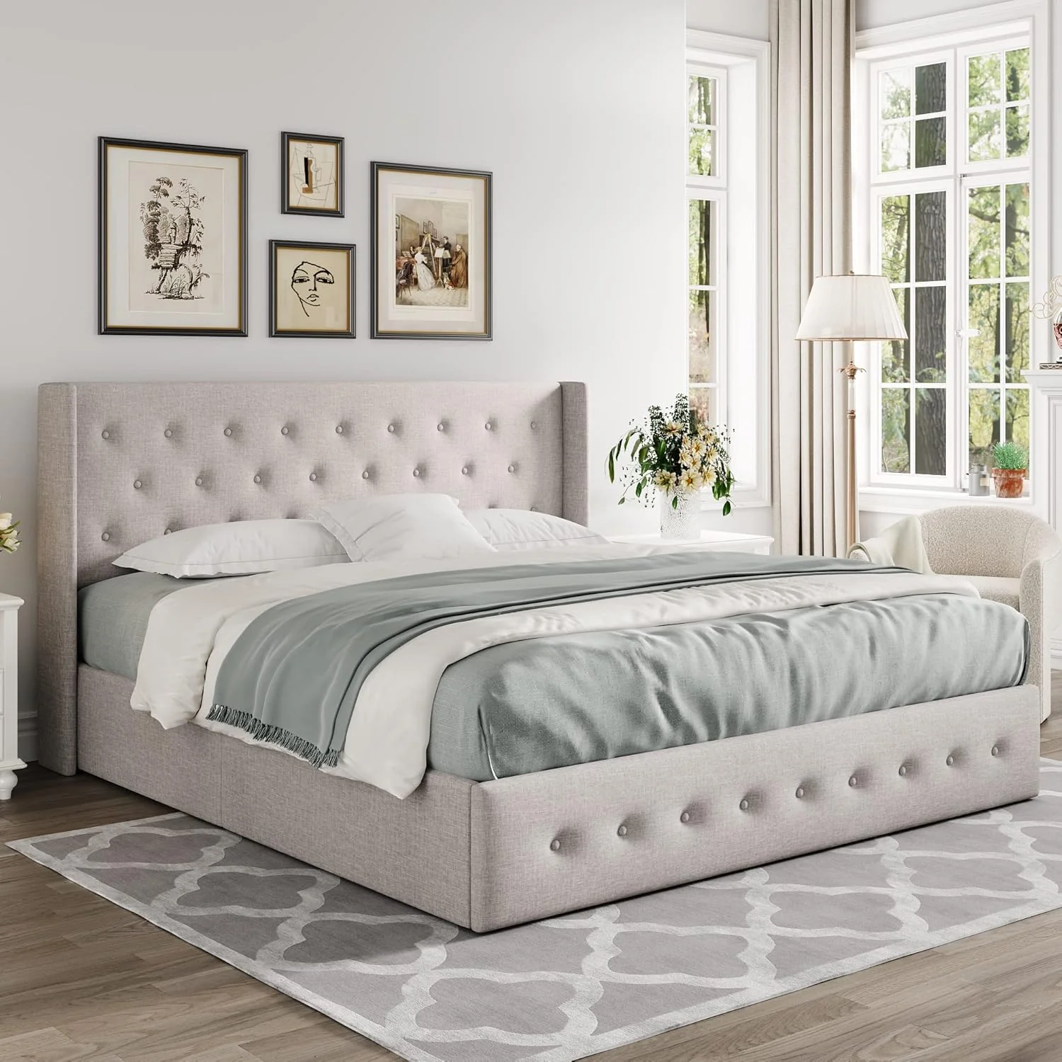 Queen Size Lift Up Storage Bed, Modern Wingback Headboard, Hydraulic Support, No Box Spring Needed, Light Beige