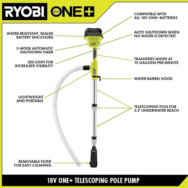 RYOBI ONE+ 18V Cordless 1/6 HP Telescoping Pole Pump With 2.0 Ah Battery And Charger – RY20UP022K
