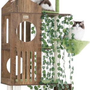 Large Cat Tree with Leaves, 72.8-Inch Cat Tower for Indoor Cats, Modern Cat Tree with Scratching Post, Large Perch, Tunnels, Swing Ball, Self Groomer, Greige