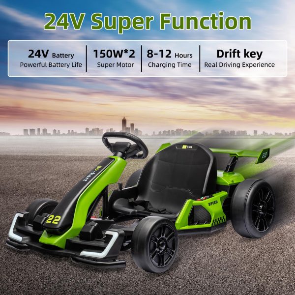 24V Electric Go Kart, with 300W Strong Motor, Drift/Sport Mode, Big Battery, Eva Tire,Length Adjustmen for Outdoor Racing Toy-Green