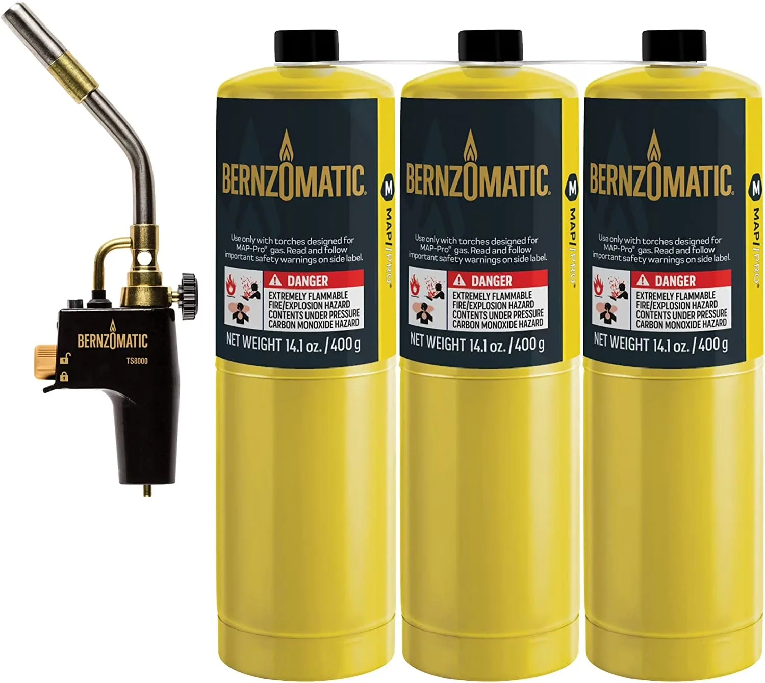 Bernzomatic MAP-Pro Gas Cylinders 14.1 oz 3-Pack With Max Performance Torch – TS8000