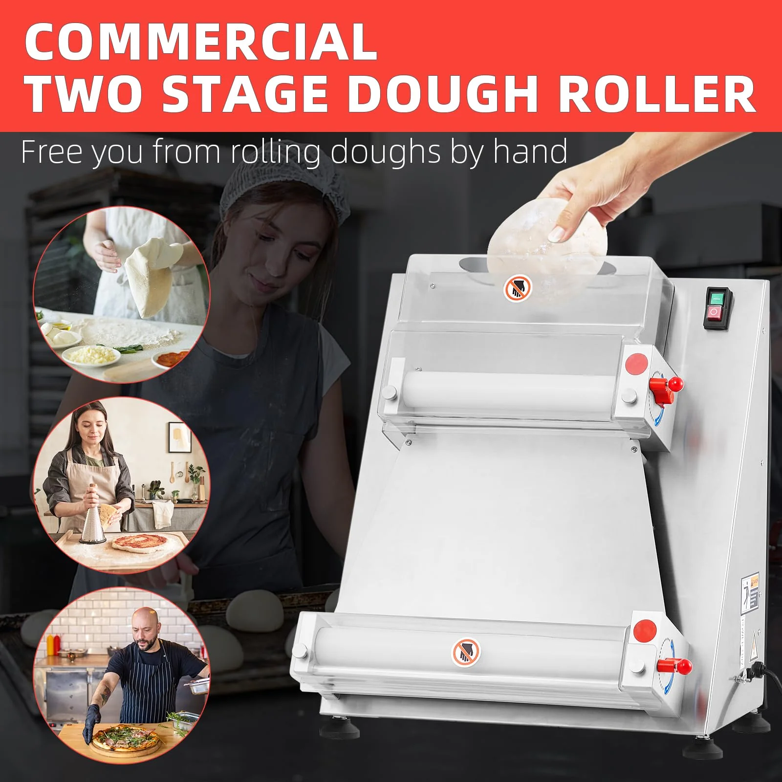 Commercial Pizza Dough Roller Sheeter, Max 16″, Automatic 370W Electric Pizza Dough Roller, Stainless Steel, Suitable for Noodle, Pizza Bread and Pasta Maker Equipment