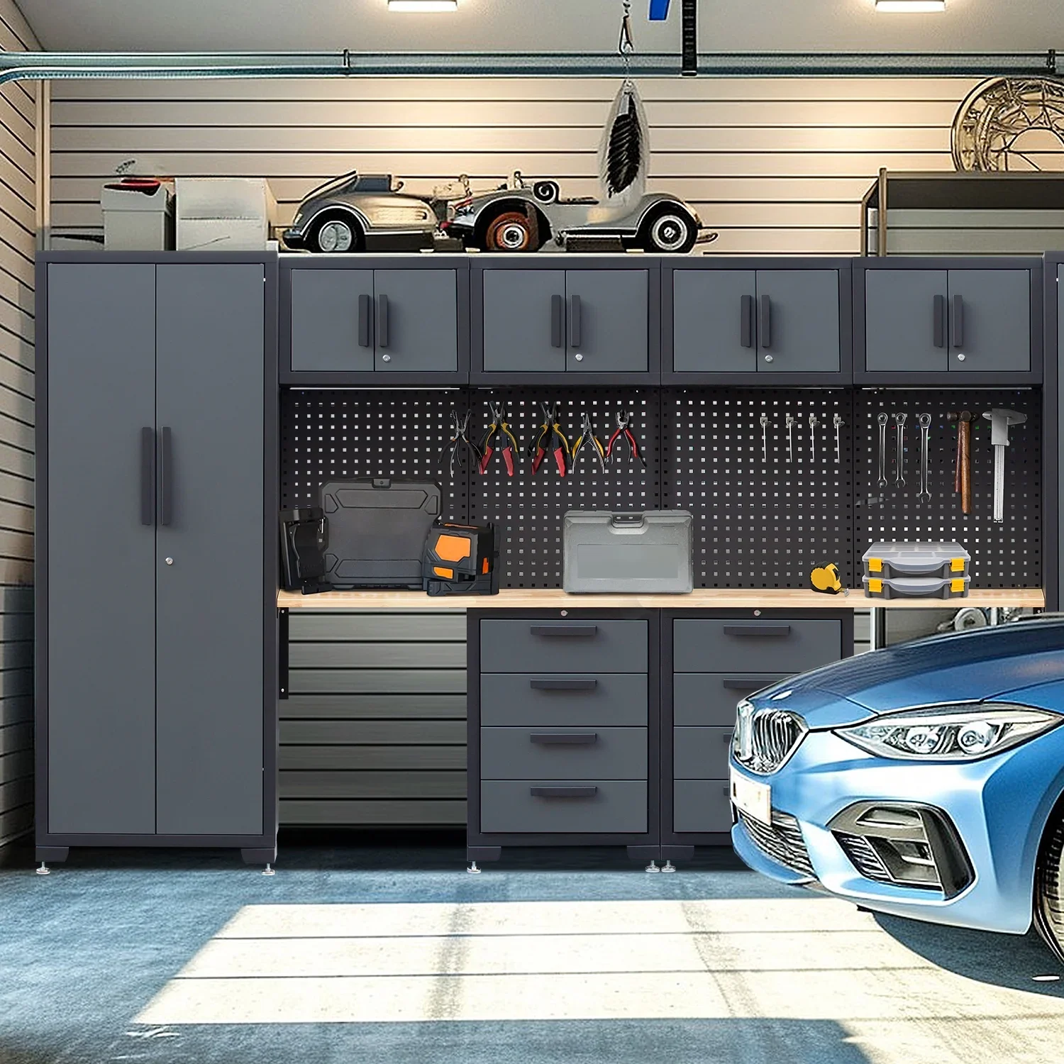 HPDMC 7-Piece Metal Garage Cabinet System With 4-Drawer Roller Cabinet, 47.2 in Workbench And Pegboards