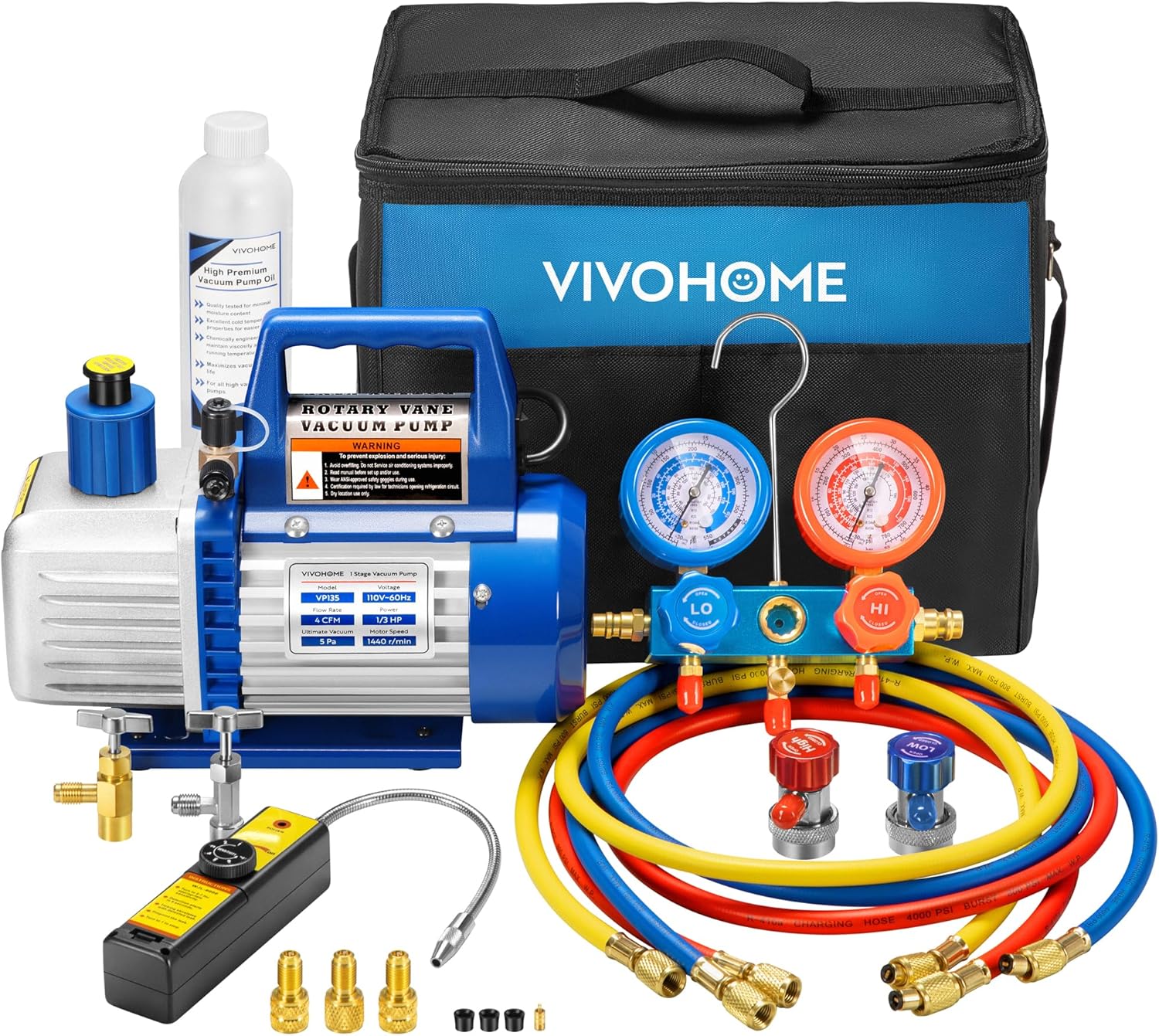 Single-Stage Rotary Vane Air Vacuum Pump With R134a AC Manifold Gauge Kit – 110V, 1/3 HP, 4 CFM