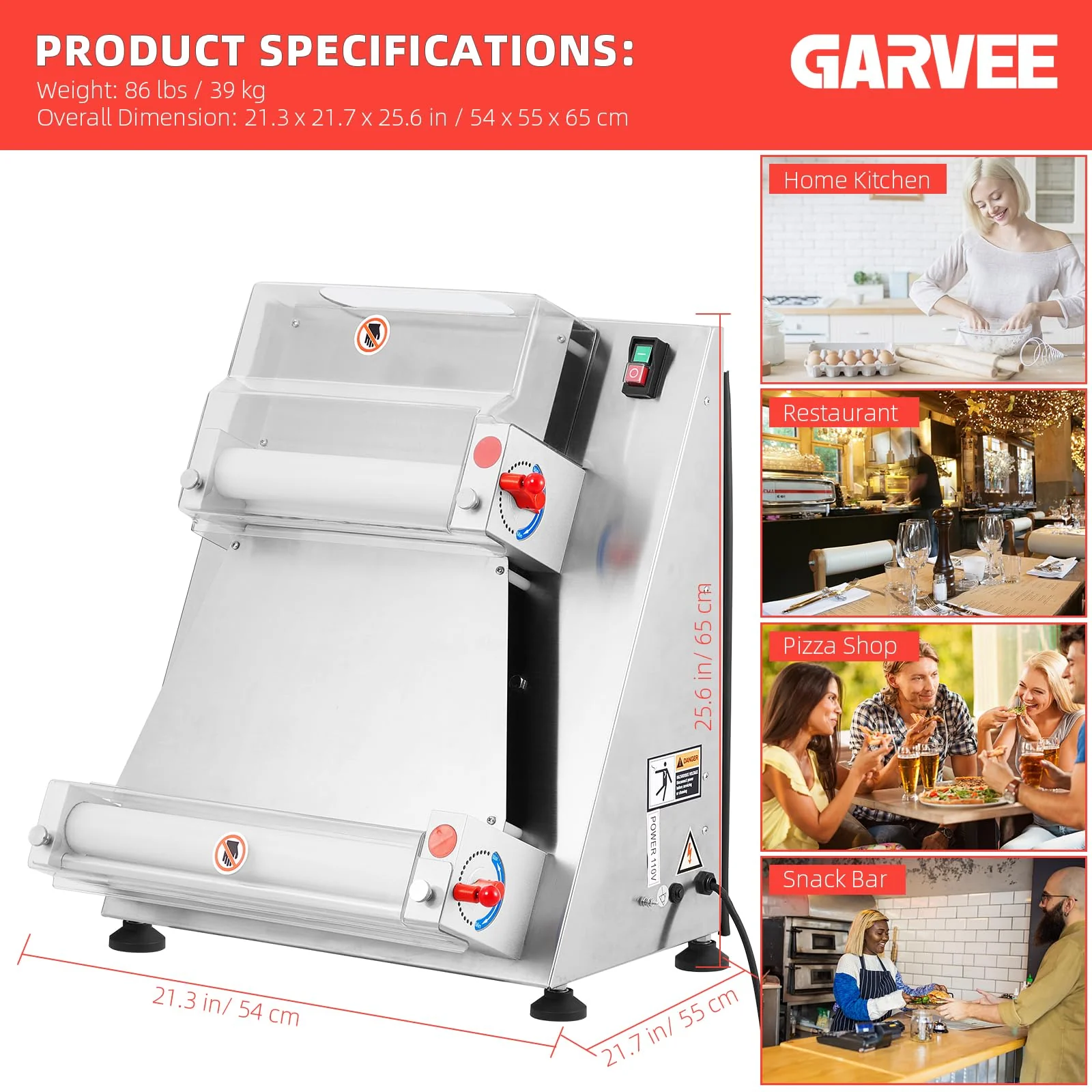 Commercial Pizza Dough Roller Sheeter, Max 16″, Automatic 370W Electric Pizza Dough Roller, Stainless Steel, Suitable for Noodle, Pizza Bread and Pasta Maker Equipment
