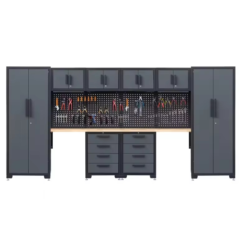 HPDMC 7-Piece Metal Garage Cabinet System With 4-Drawer Roller Cabinet, 47.2 in Workbench And Pegboards