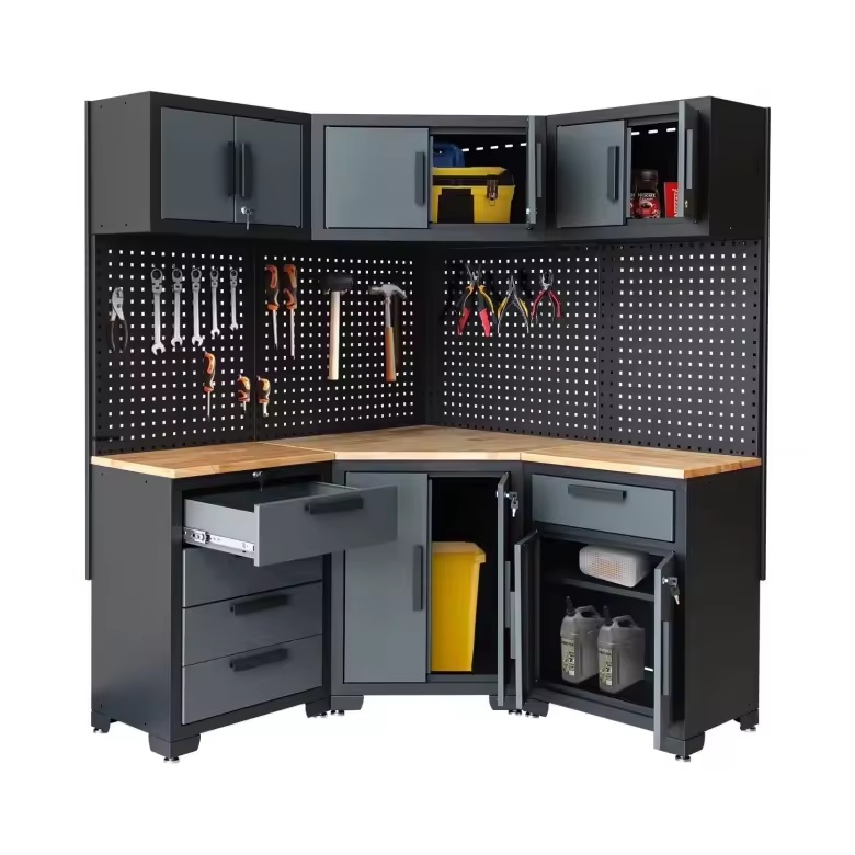HPDMC 7-Piece Metal Garage Cabinet System With 4-Drawer Roller Cabinet, 47.2 in Workbench And Pegboards