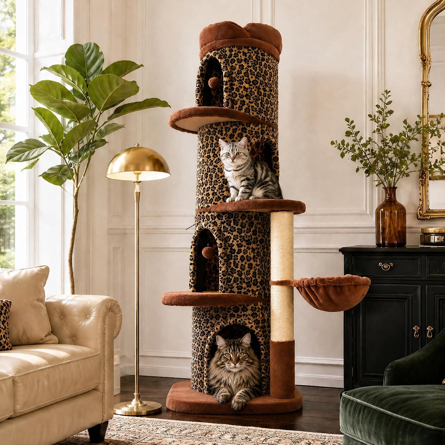 68.5″ Forest Cat Tree Tower with 4 Condos & Flower Top Bed, Brown