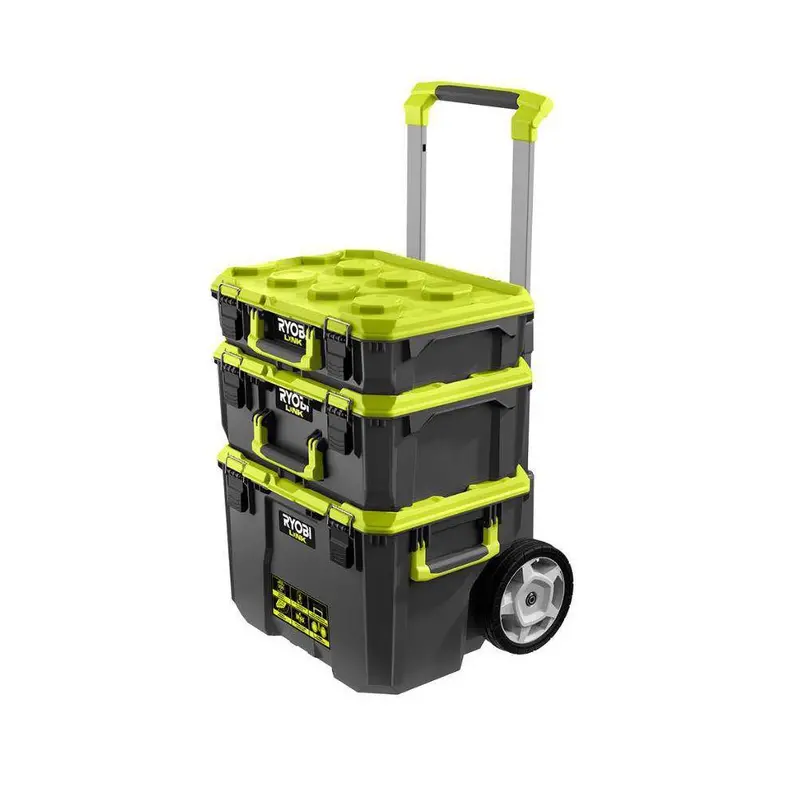 RYOBI LINK Modular Tool Storage Set, Rolling, Medium And Standard Tool Boxes, Green – STM201 STM102 STM101