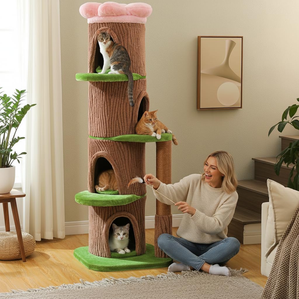 68.5″ Forest Cat Tree Tower with 4 Condos & Flower Top Bed, Brown