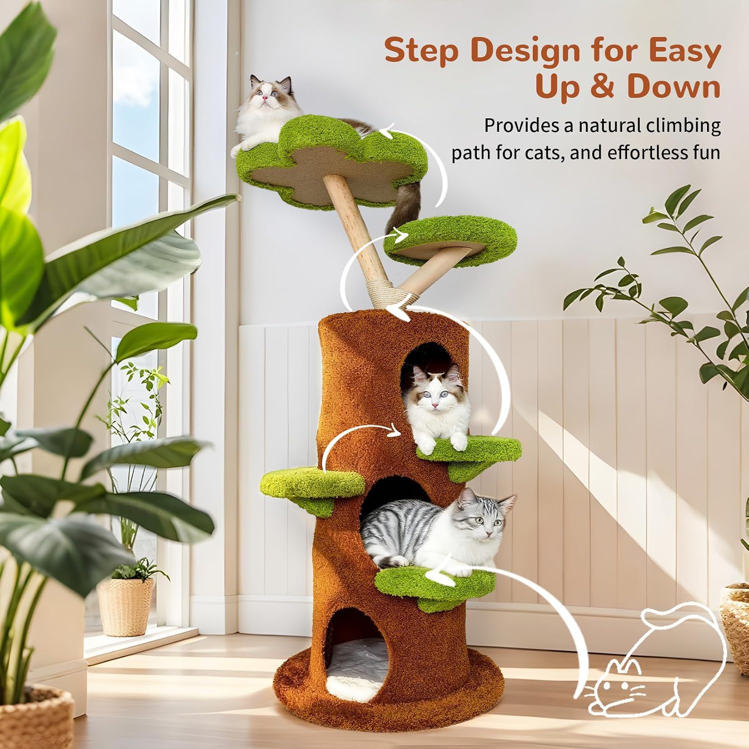 Wisfor Modern Cat Tree Tower: 58Inch Tall Cats Tree for Large Cats with Multi Condos – Indoor Wooden Kitty Tree House Sturdy with Scratching Post