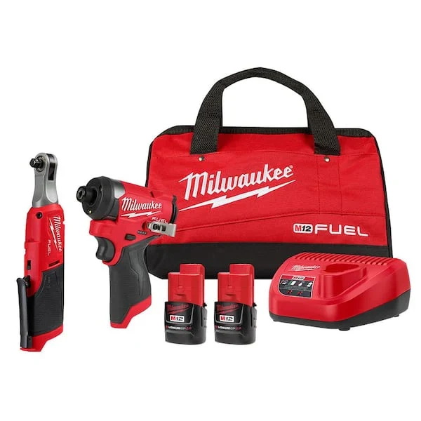 Milwaukee M12 FUEL 12V 3/8 in Ratchet & 1/4 in Impact Driver 2-Tool Kit – 3453-20, 2567-20, 48-11-2420, 48-59-2401