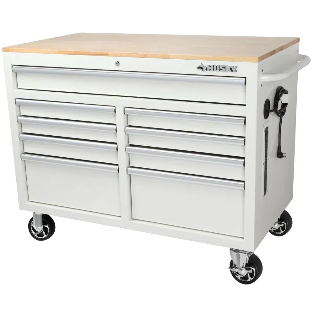 46-in W x 24.5-in D 9-Drawer Mobile Workbench with Hardwood Top and Power Station Gloss Black