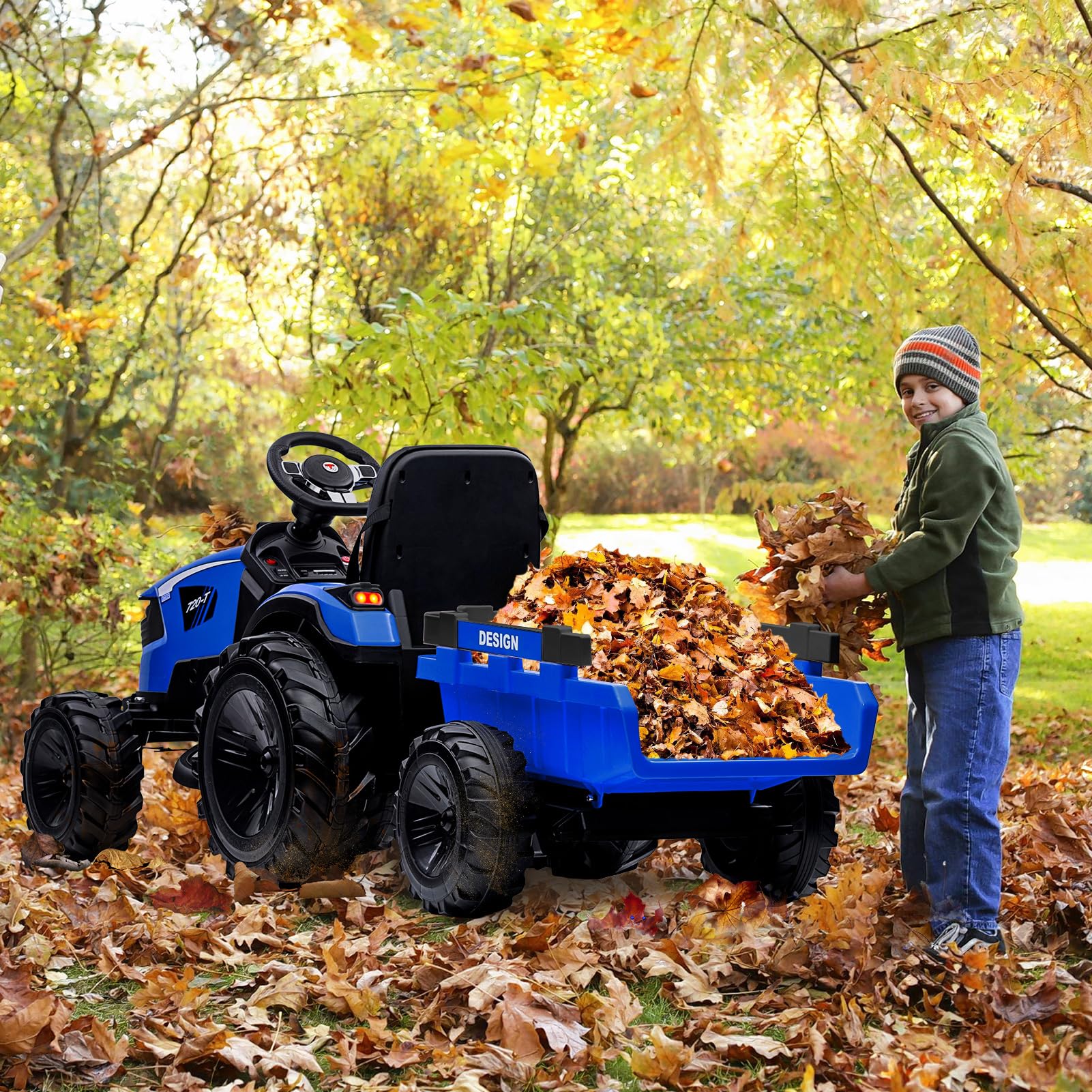 3-in-1 Ride-On Tractor, 24V Electric, Excavator & Bulldozer, Remote Control, LED, Music, USB/Bluetooth max 66 lbs – Bright-blue