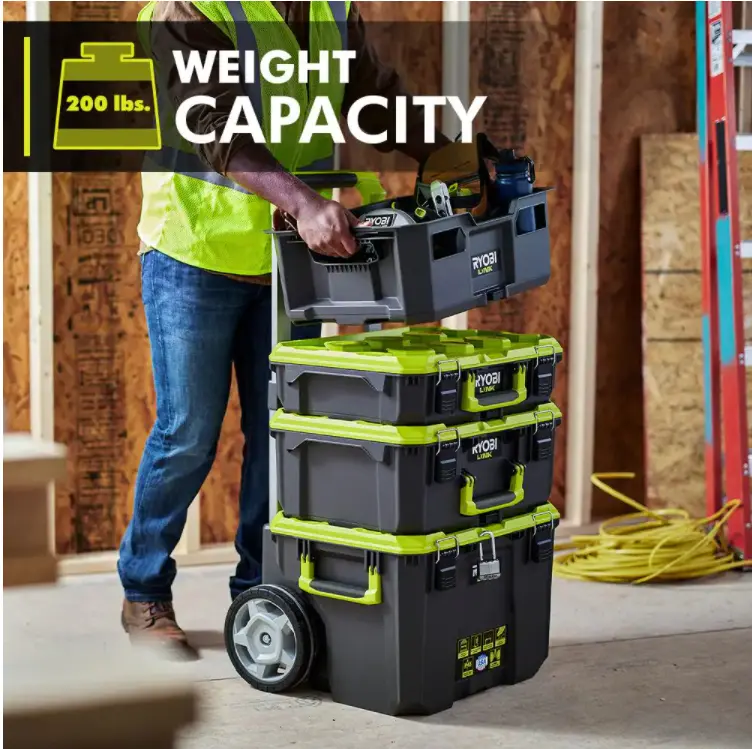 RYOBI LINK Modular Tool Storage Set, Rolling, Medium And Standard Tool Boxes, Green – STM201 STM102 STM101