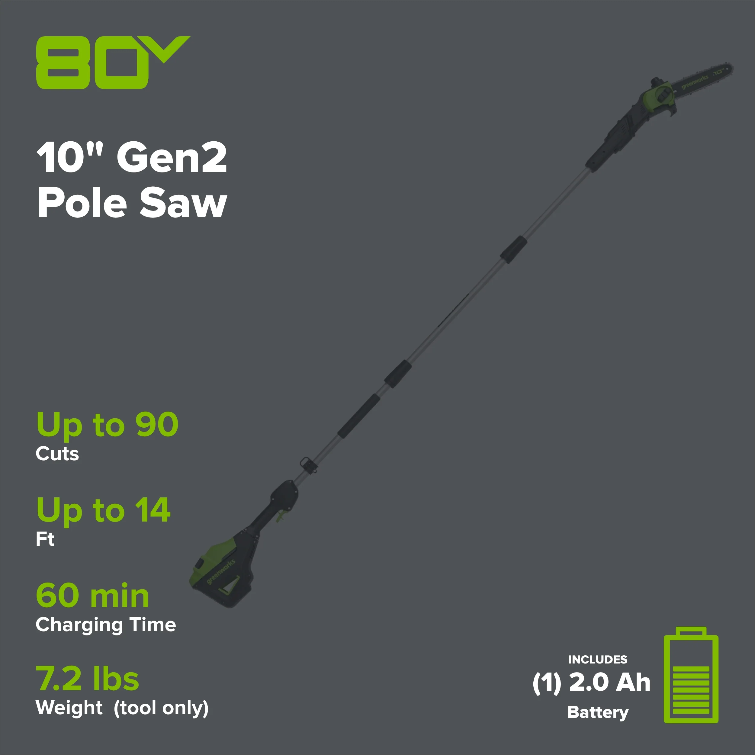80V Cordless Pole Saw with 14-Foot Reach, 2.0Ah Battery and Charger