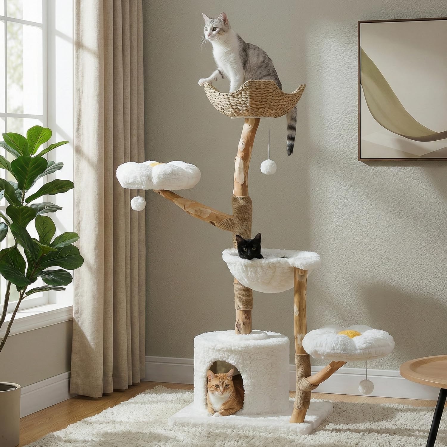 59″ Modern Wood Cat Tree for Large Cats, Boho Style, Cloud White