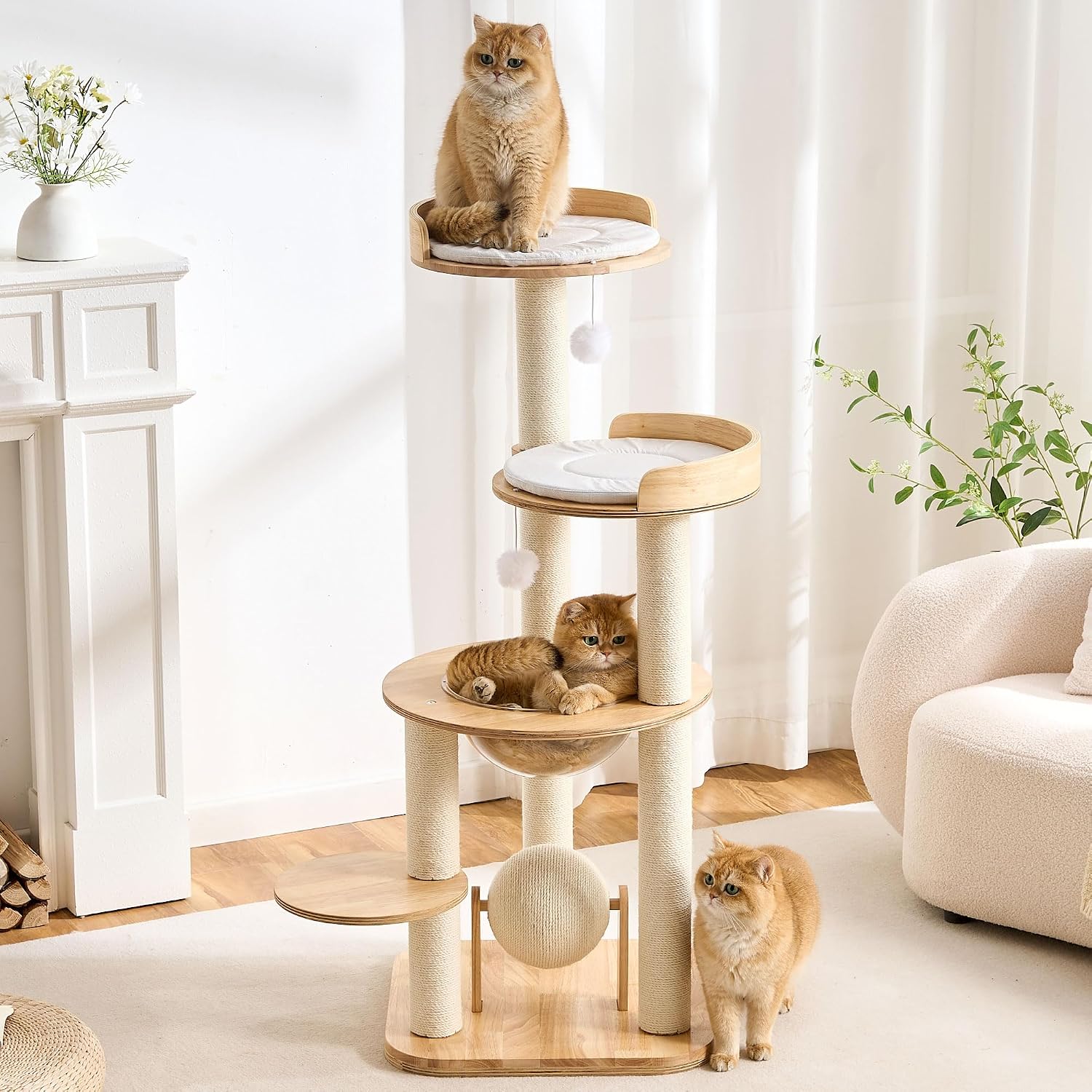 Wood Modern Cat Tree, 61.5″ Cat Tower with Sisal Scratching Posts, Cat Condo, Capsule,Hamnock and Spinner Toy, Solid Wooden Aesthetic Multi-Level Cat Climbing Tree for Adult Indoor Cats-White