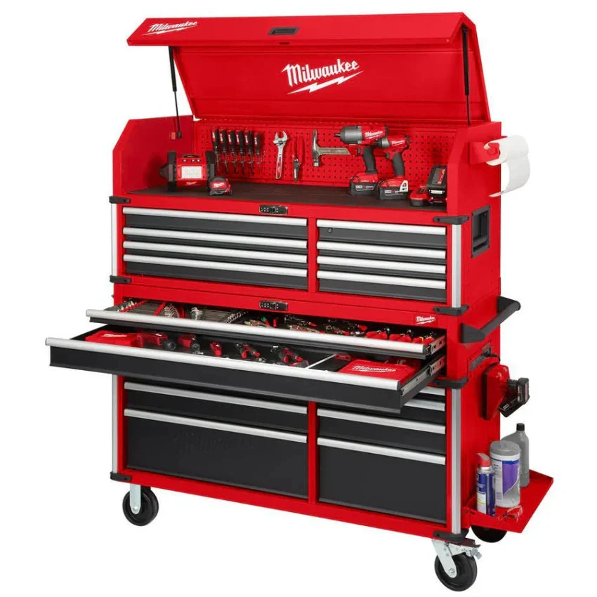 Milwaukee High Capacity 56 in 18-Drawer Steel Tool Chest And Cabinet Combo – Red And Black