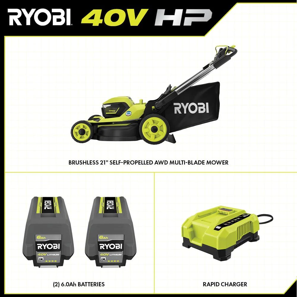 40V HP Brushless 21-in Self-Propelled AWD Lawn Mower Whisper Series ncludes (2) 6.0Ah Batteries and Charger
