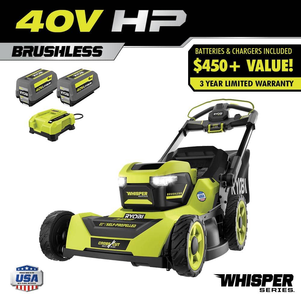 40V HP Brushless 21-in Self-Propelled AWD Lawn Mower Whisper Series ncludes (2) 6.0Ah Batteries and Charger