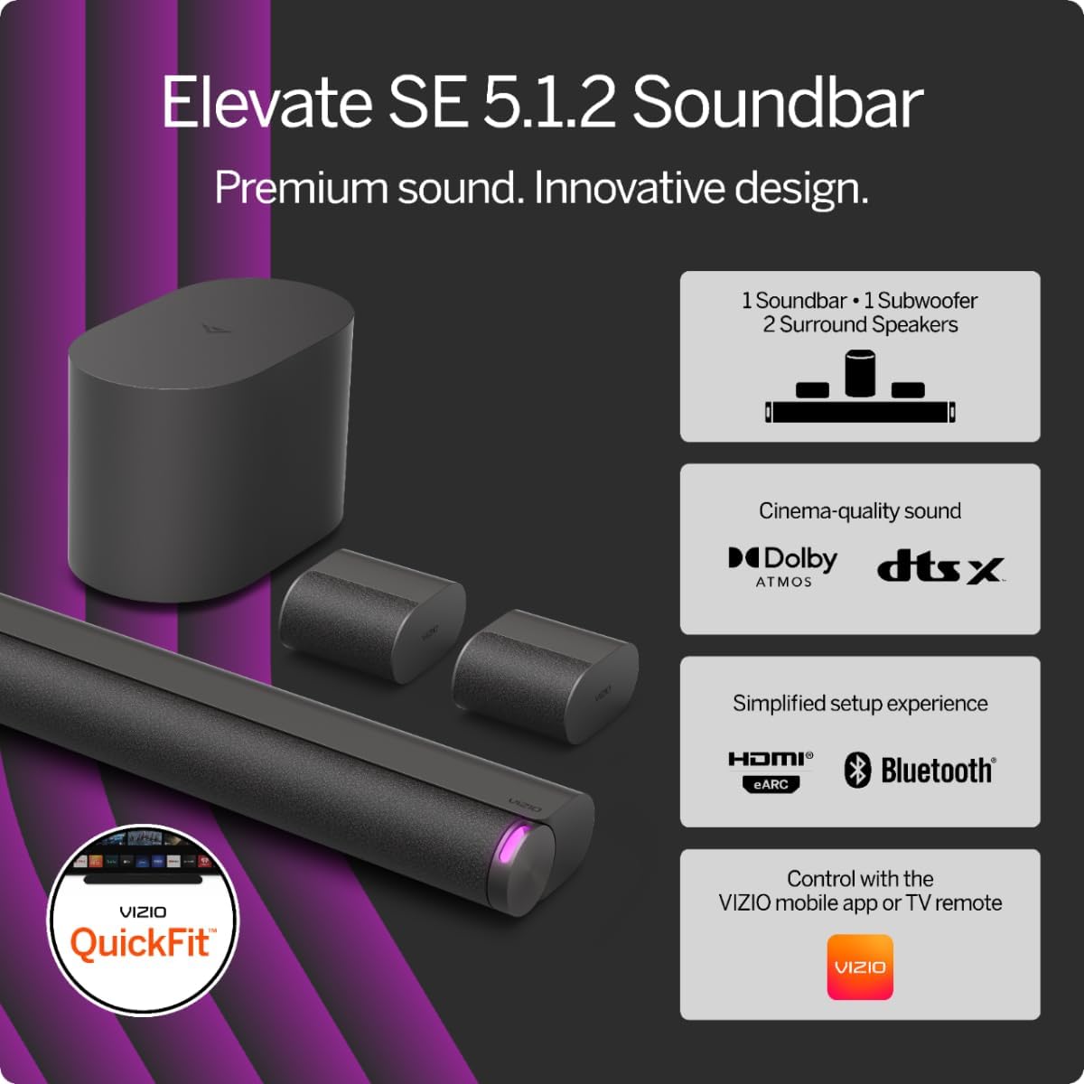 Elevate SE 5.1.2 Soundbar with Wireless Subwoofer, Dolby Atmos, 2024