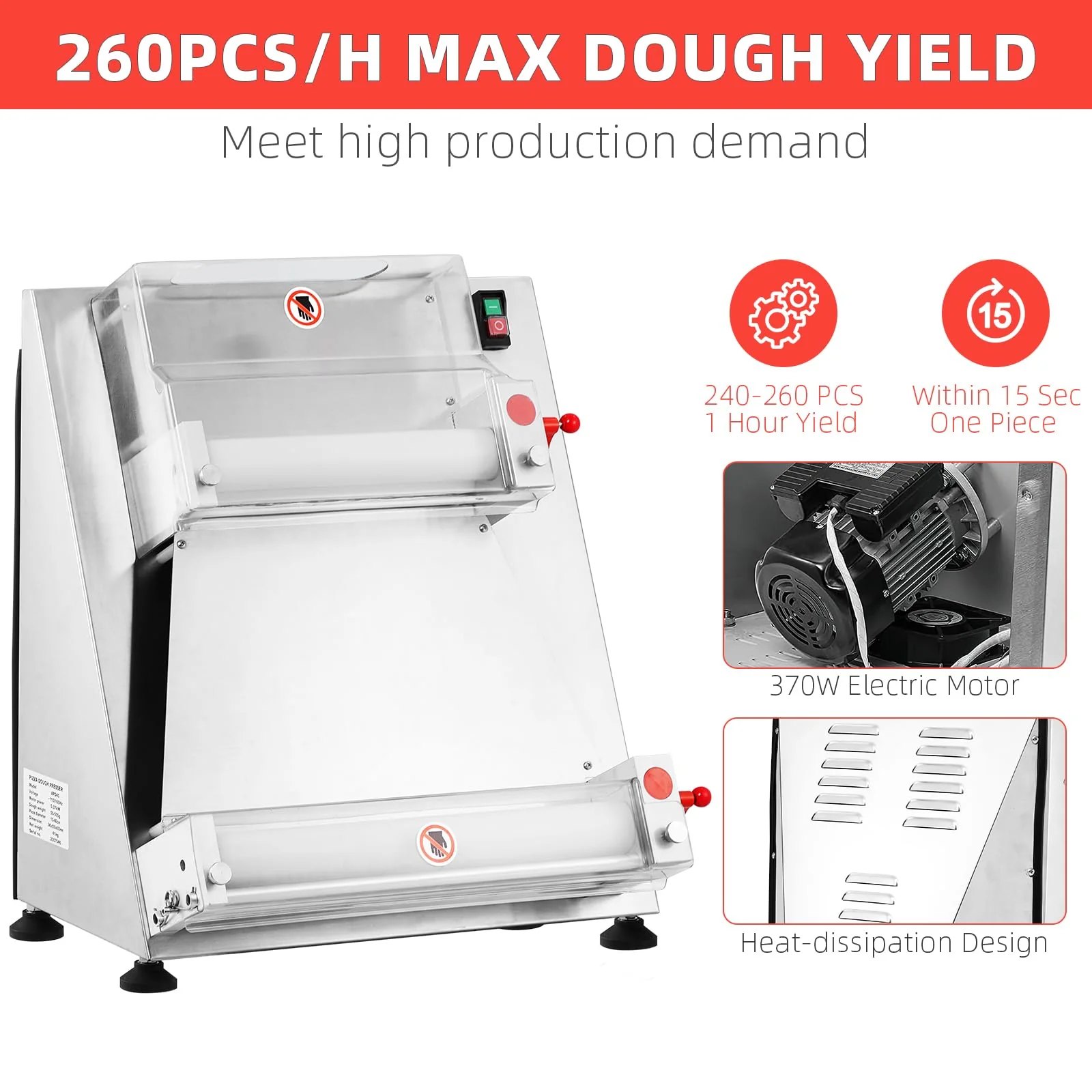 Commercial Pizza Dough Roller Sheeter, Max 16″, Automatic 370W Electric Pizza Dough Roller, Stainless Steel, Suitable for Noodle, Pizza Bread and Pasta Maker Equipment