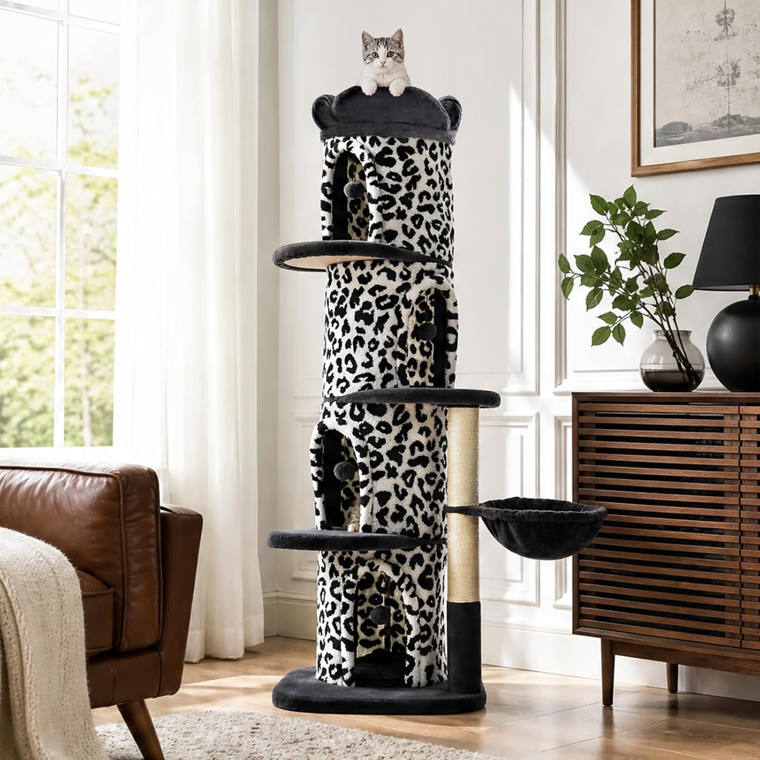 68.5″ Forest Cat Tree Tower with 4 Condos & Flower Top Bed, Brown
