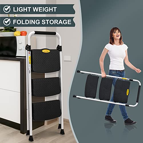 SocTone 3 Step Folding Step Ladder With Handle – 500 lb Capacity