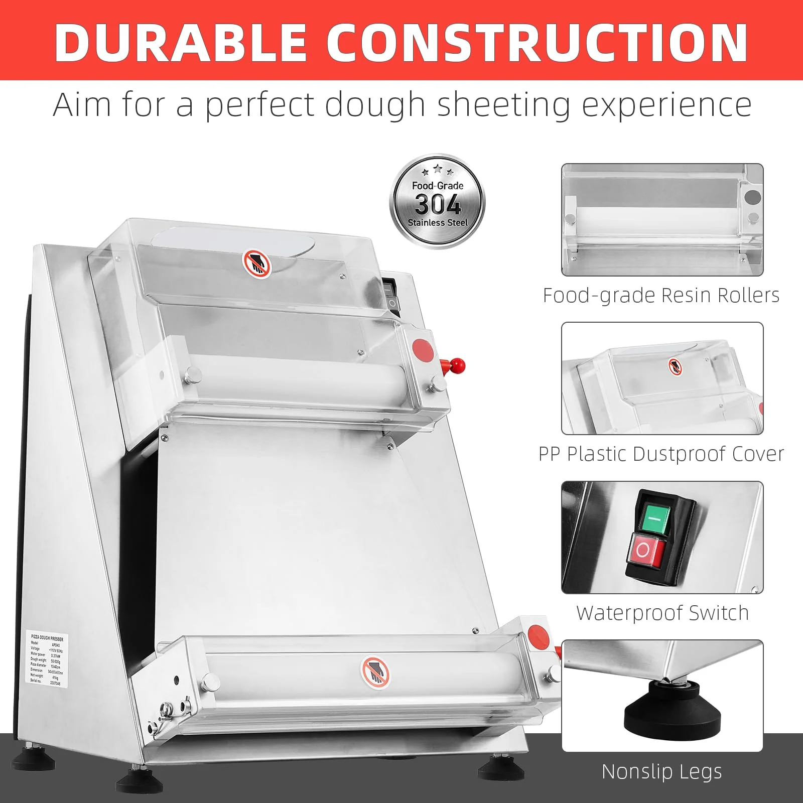 Commercial Pizza Dough Roller Sheeter, Max 16″, Automatic 370W Electric Pizza Dough Roller, Stainless Steel, Suitable for Noodle, Pizza Bread and Pasta Maker Equipment