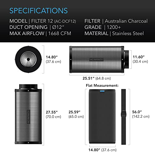 AC Infinity Air Carbon Filter 12in Duct Opening, 28in Length – Australian Virgin Charcoal