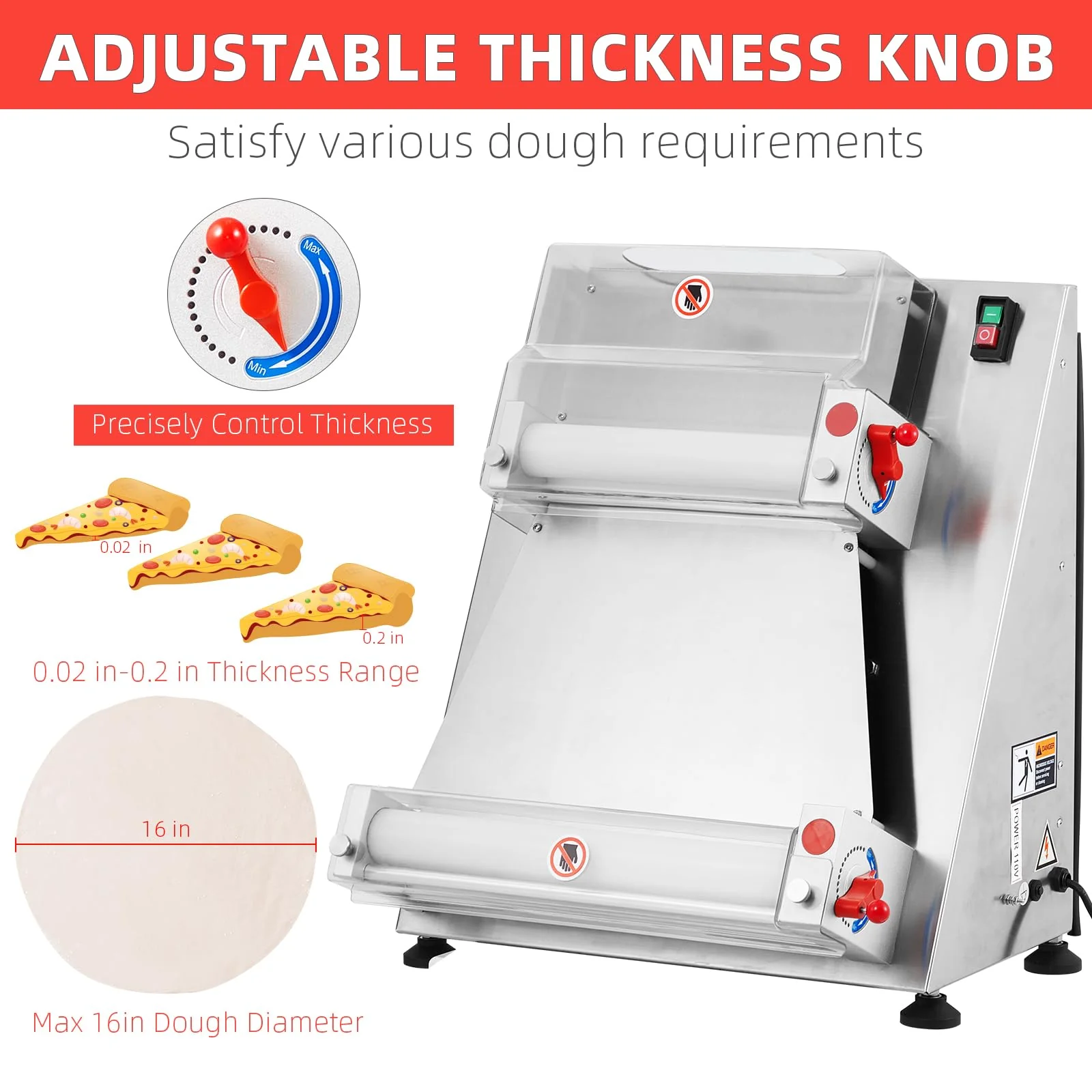 Commercial Pizza Dough Roller Sheeter, Max 16″, Automatic 370W Electric Pizza Dough Roller, Stainless Steel, Suitable for Noodle, Pizza Bread and Pasta Maker Equipment