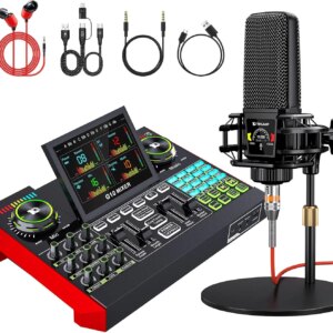 Podcast Equipment Bundle,with 3.5mm Condenser Microphone & Live Sound Card – Audio Mixer for Streaming, PC/Mobile Live Singing, Gaming Content Creators, Soundboard with USB Computer Interface
