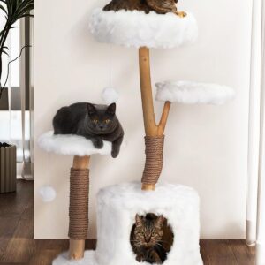 COZIWOW Cloud Cat Tree for Indoor Cats, 42″ Modern Aesthetic Cat Tower with Solid Wood Branches, Top Cat Bed, Side Perch, Large Condo, Scratching Posts, Cat-Approved, White