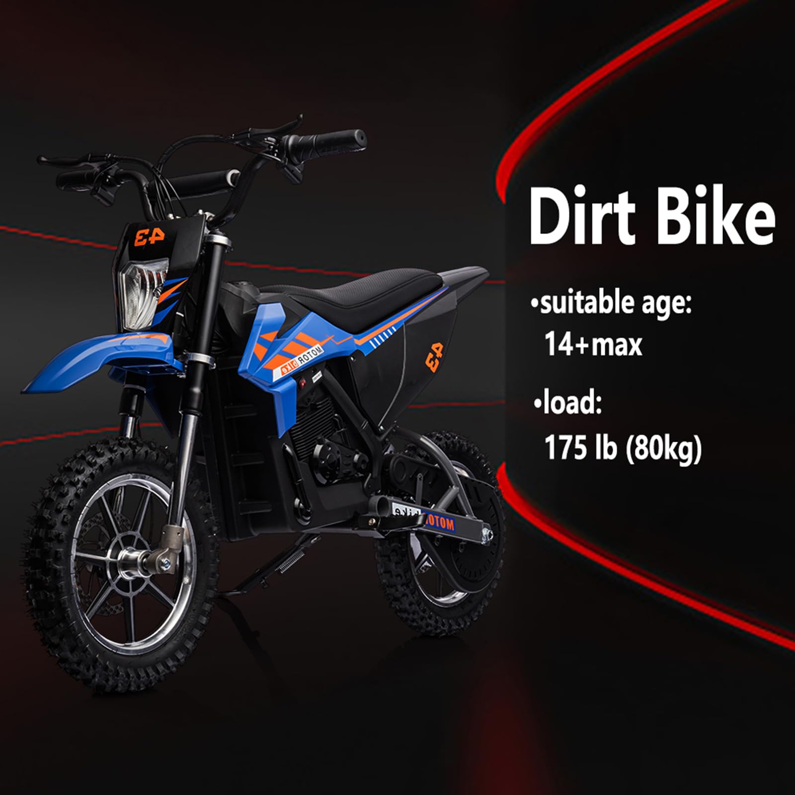 36V Kids Electric Dirt Bike, 36V, 350W, 15.5MPH, LED, 175lbs Max Blue