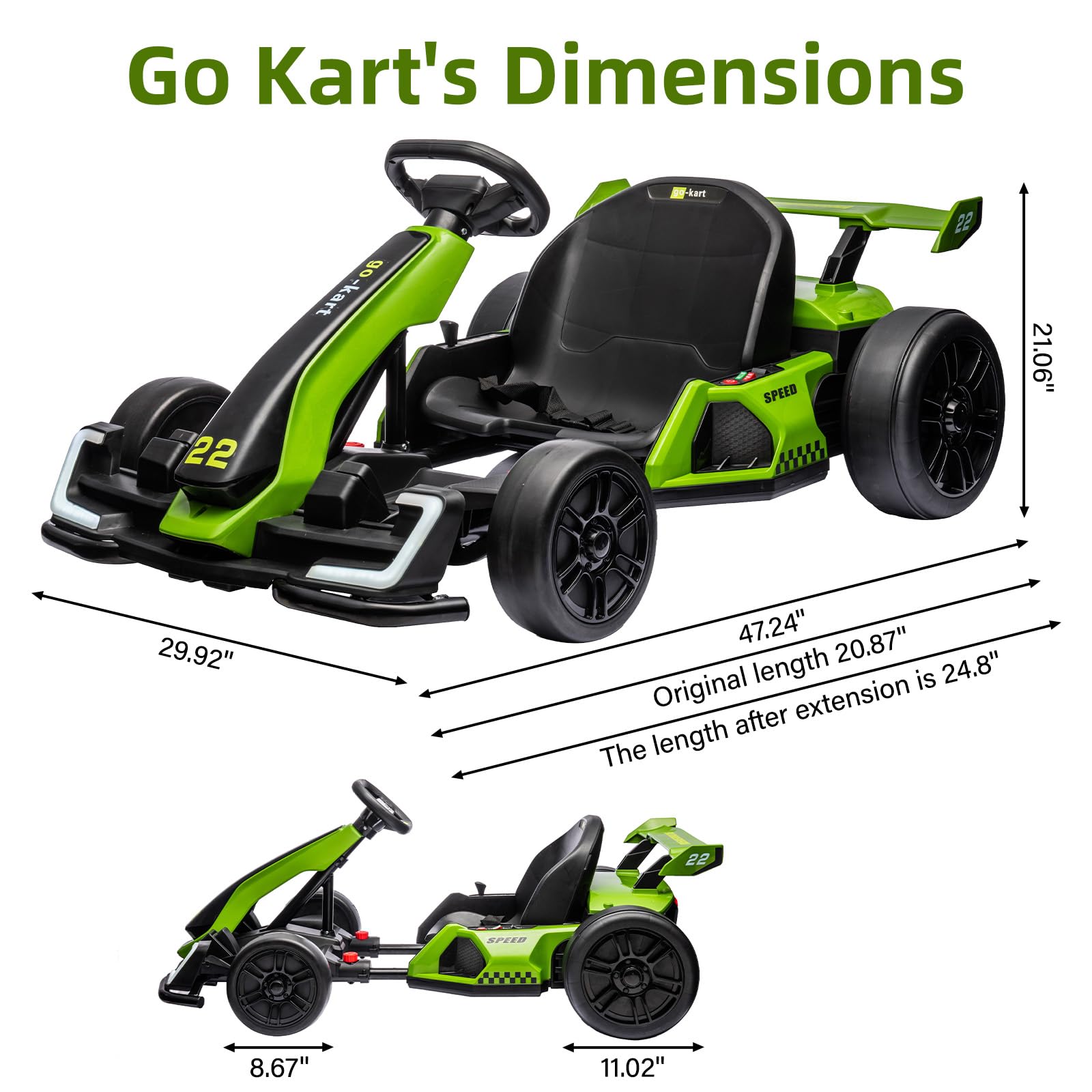 24V Electric Go Kart, with 300W Strong Motor, Drift/Sport Mode, Big Battery, Eva Tire,Length Adjustmen for Outdoor Racing Toy-Green