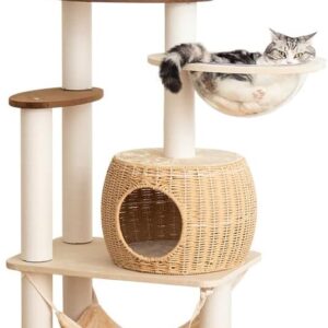 56.6″ Velvet Cat Tree Tower with Woven Condo, Clear Bowl & Hammock