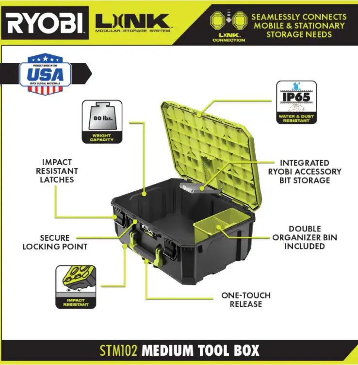 RYOBI LINK Modular Tool Storage Set, Rolling, Medium And Standard Tool Boxes, Green – STM201 STM102 STM101