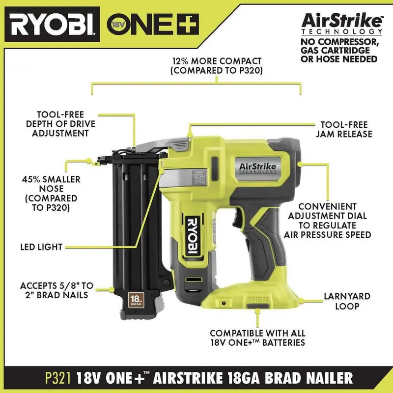 RYOBI ONE+ 18V 18-Gauge Cordless AirStrike Brad Nailer With 1.5 Ah Battery And Charger – P321KN