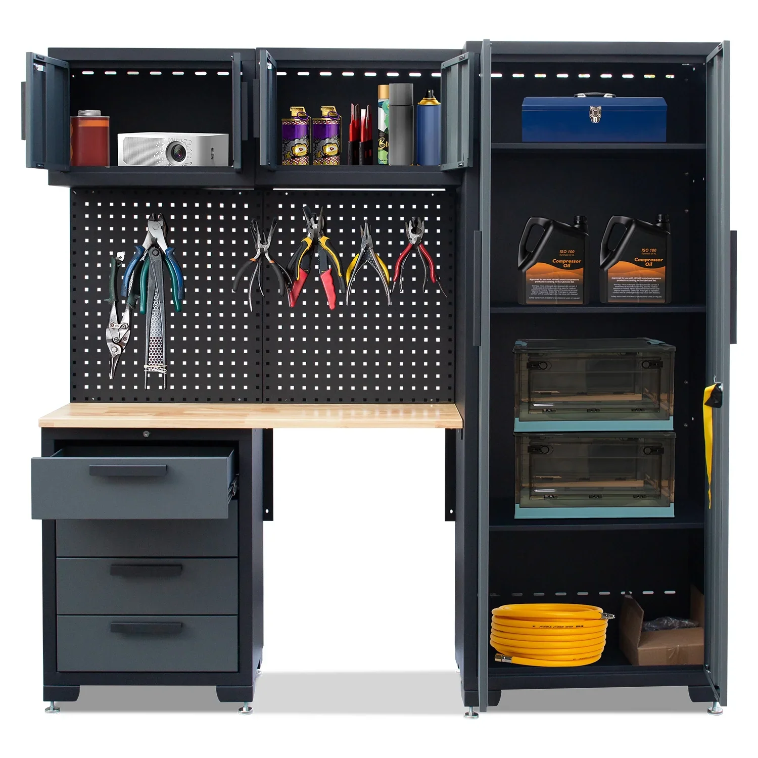 HPDMC 7-Piece Metal Garage Cabinet System With 4-Drawer Roller Cabinet, 47.2 in Workbench And Pegboards