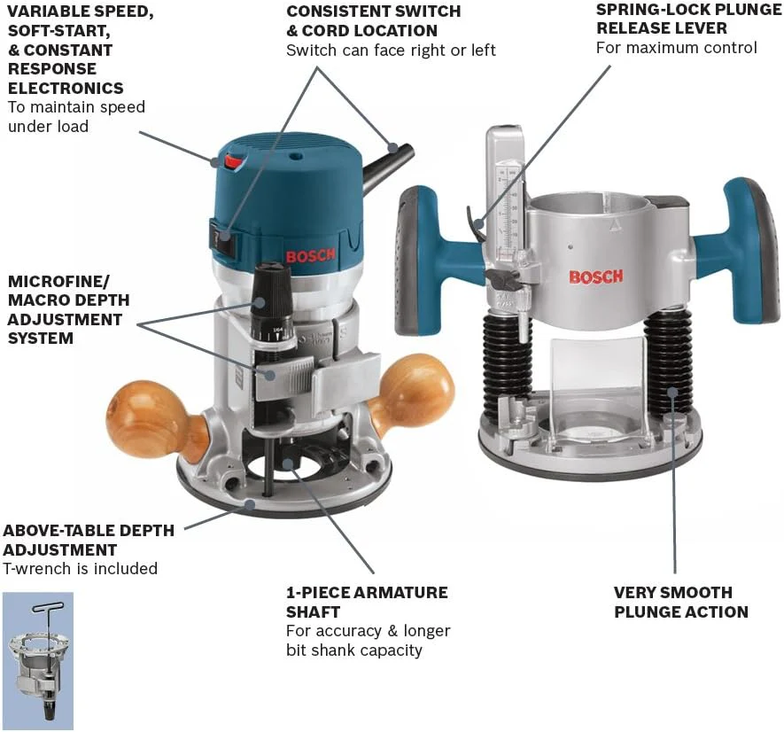 1617EVSPK Wood 12 Amp Router Tool Combo Kit – 2.25 Horsepower Plunge Router & Fixed Base with a Variable Speed