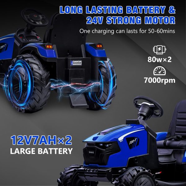 3-in-1 Ride-On Tractor, 24V Electric, Excavator & Bulldozer, Remote Control, LED, Music, USB/Bluetooth max 66 lbs – Bright-blue