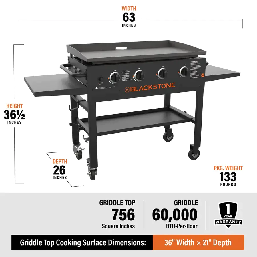 4-Burner 36″ Griddle Cooking Station with Side Shelves