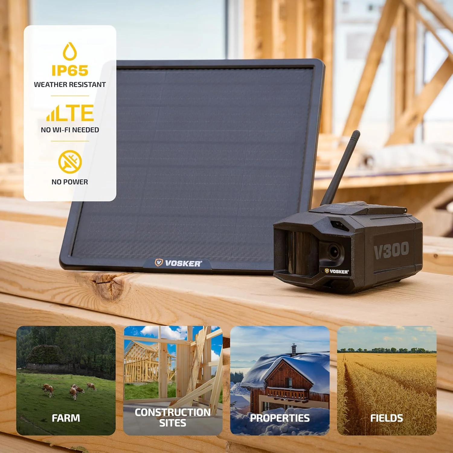 Vosker Outdoor Security Camera With External Solar Panel, 4G LTE, Black, Single Unit With Battery – V300 Ultimate Construction Pack