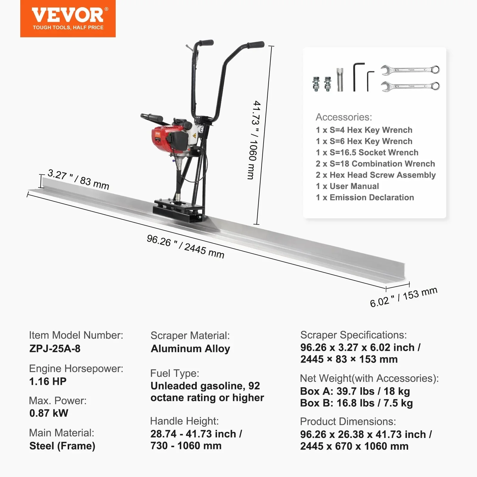 VEVOR Gas Concrete Power Screed With 8ft Aluminum Board – ZPJ-25A-8